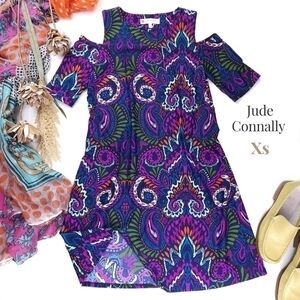 New Jude Connally Anthropologie Purple Blue Cold Shoulder Dress Sz Xs
